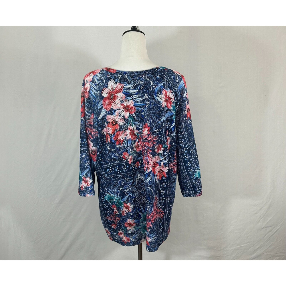 CJ Banks Top Womens 1X Blue Pink Floral Crochet‎ Trim Split Neck Career Blouse - Picture 2 of 10